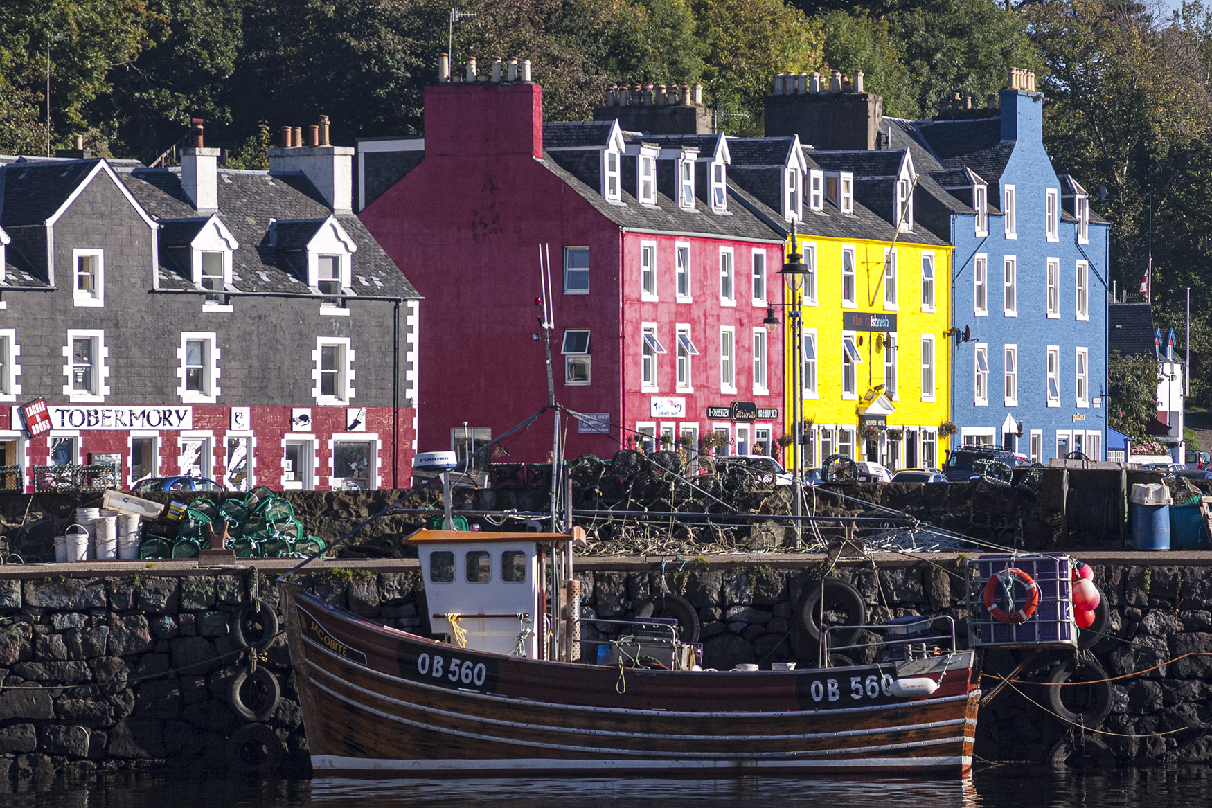 The classic view of the brightly painted waterfront buildings at Tobermory on the Isle of Mull.